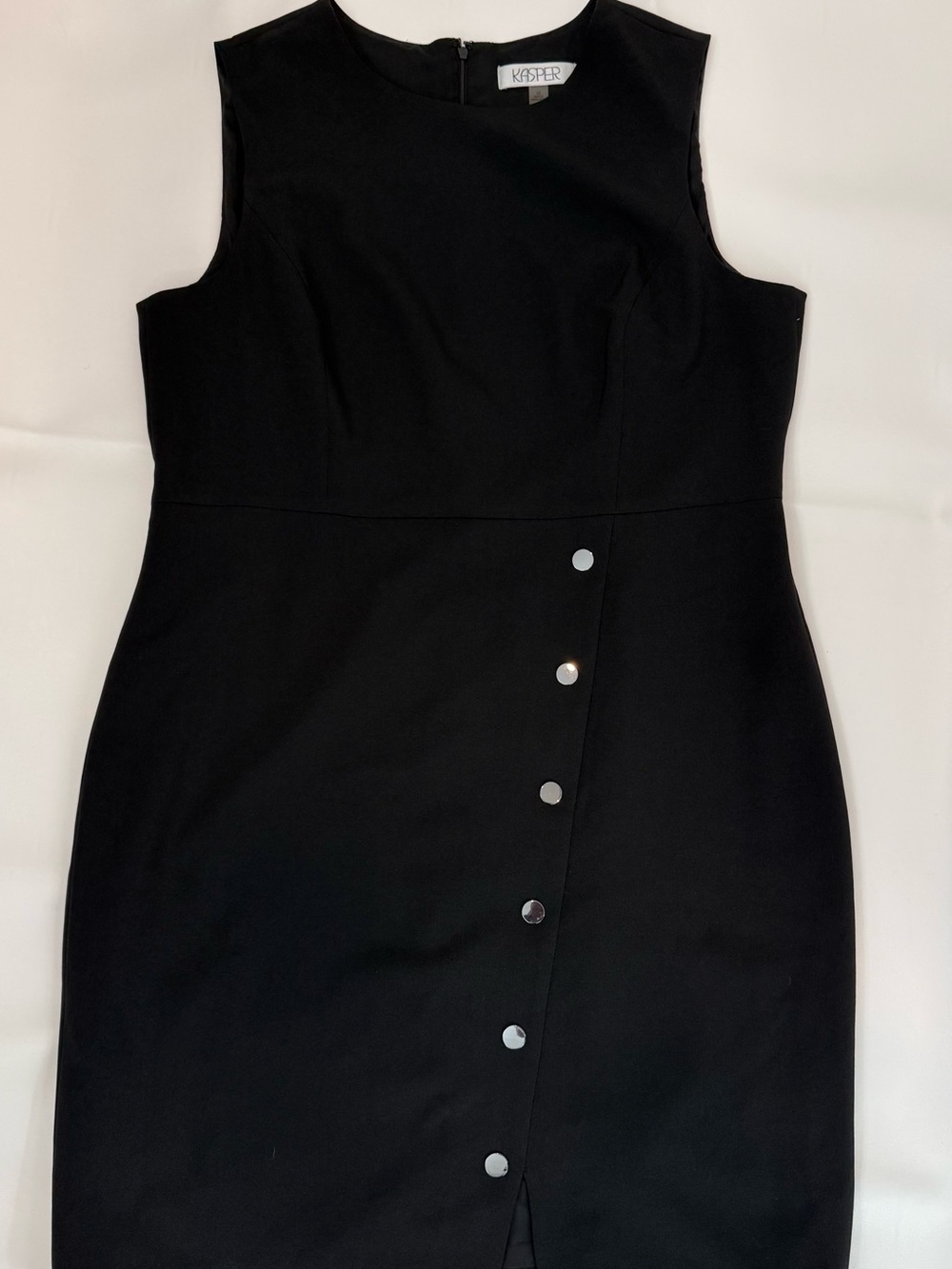 Kasper Black Sleeveless Midi Sheath Dress with Asymmetrical Button Detail